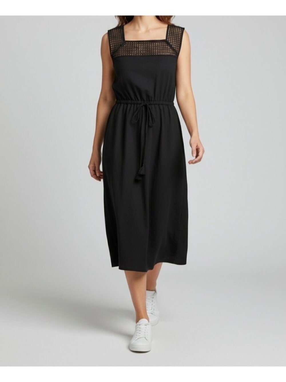 Black Crochet Mesh Yoke Midi Dress Elastic Drawstring Waist Tassel Detail Size 8